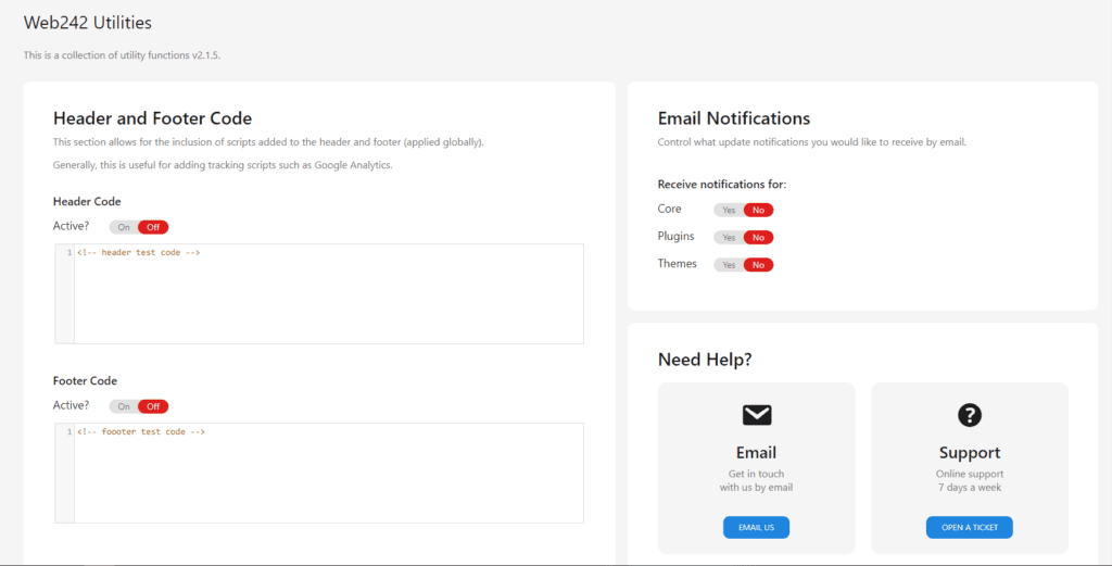 WordPress 5.5. The Web242 Utility Plugin is designed to support WordPress automatic updates, add header and footer code, disable or enable update emails, and contact Web242 support from the WordPress dashboard.